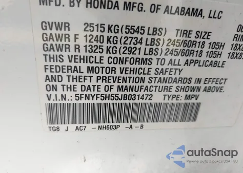 2018 Honda Pilot Ex-L from USA, damaged, VIN 5FNYF5H55JB031472